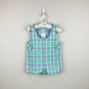 Vintage Green Blue Bunny Shortall Romper 9 Months USA